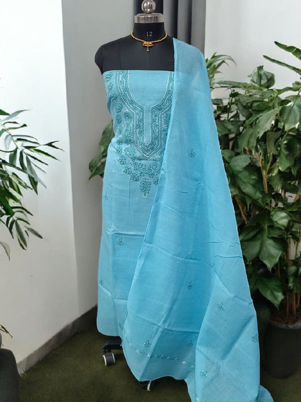 3 pc Lucknow Chikankari Hand Embroidery Pure Cotton Unstitched Salwar Suit - Leheriya