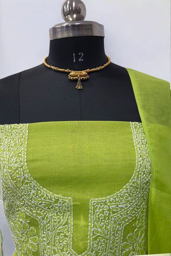 3 pc Lucknow Chikankari Hand Embroidery Pure Cotton Unstitched Salwar Suit - Leheriya