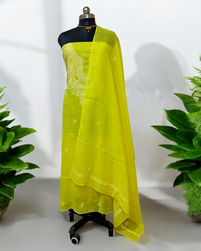 3 pc Lucknow Chikankari Hand Embroidery Pure Cotton Unstitched Salwar Suit - Leheriya