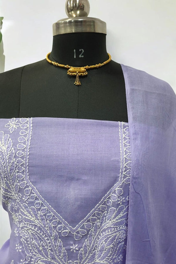 3 pc Lucknow Chikankari Hand Embroidery Pure Cotton Unstitched Salwar Suit - Leheriya