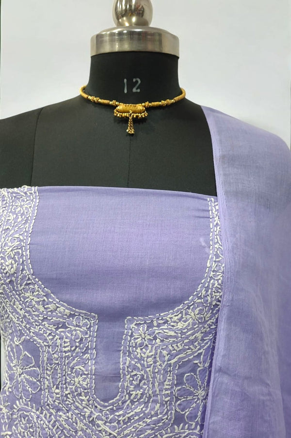 3 pc Lucknow Chikankari Hand Embroidery Pure Cotton Unstitched Salwar Suit - Leheriya