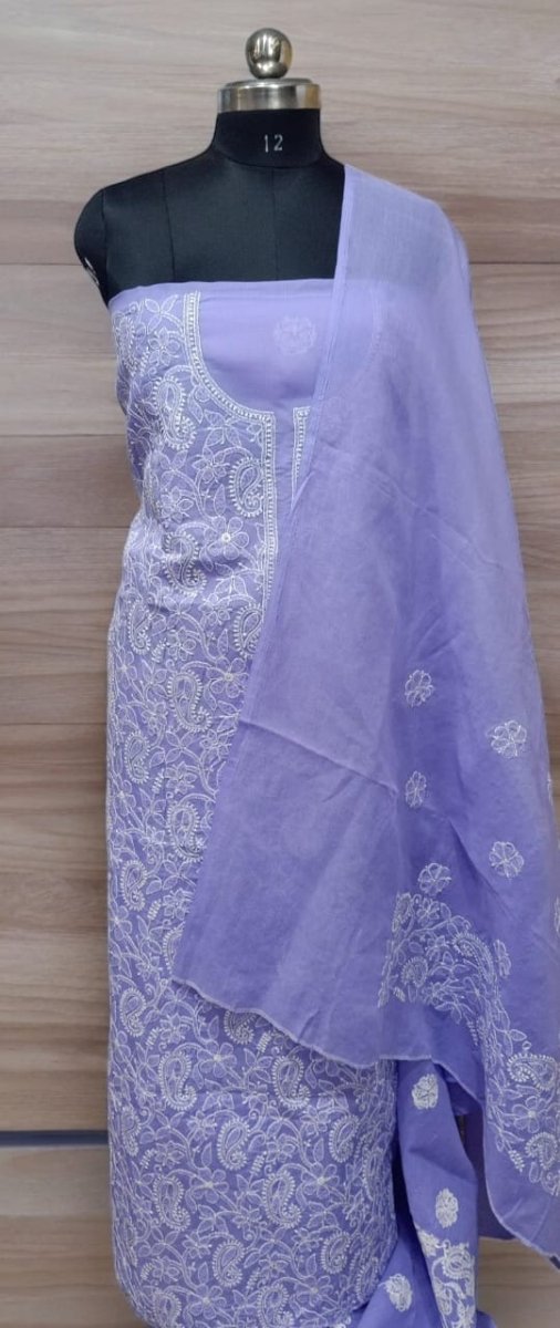 3 pc Lucknow Chikankari Hand Embroidery Pure Cotton Unstitched Salwar Suit with Pure Cotton Dupatta - Leheriya