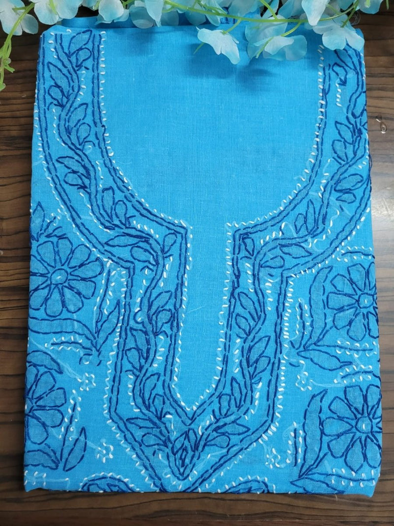 3 pc Lucknow Chikankari Hand Embroidery Pure Cotton Unstitched Salwar Suit with Pure Cotton Dupatta - Leheriya
