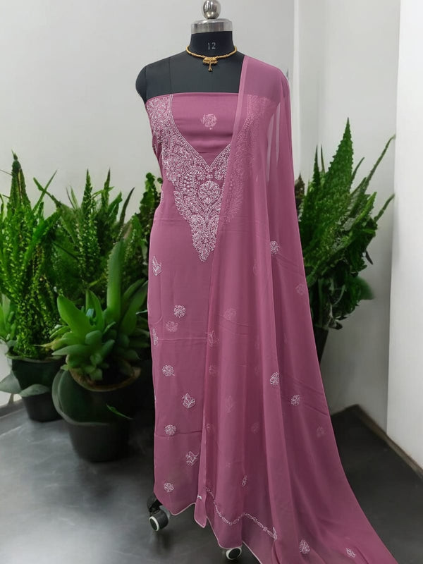 3 pc Maroon Lucknow Chikankari Hand Embroidery Chiffon Georgette Unstitched Salwar Suit with Georgette Dupatta - Leheriya