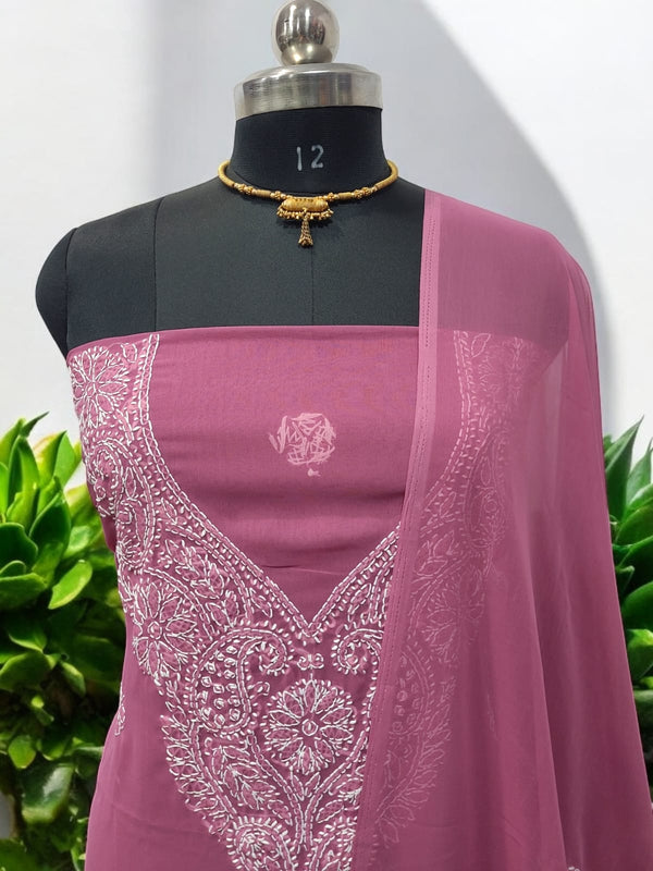 3 pc Maroon Lucknow Chikankari Hand Embroidery Chiffon Georgette Unstitched Salwar Suit with Georgette Dupatta - Leheriya