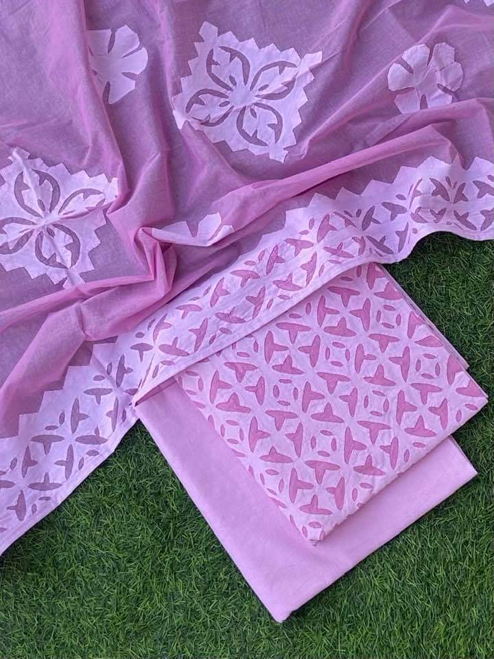 3 pc Pure Cotton Handcrafted Applique Work Unstitched Salwar Suit - Leheriya
