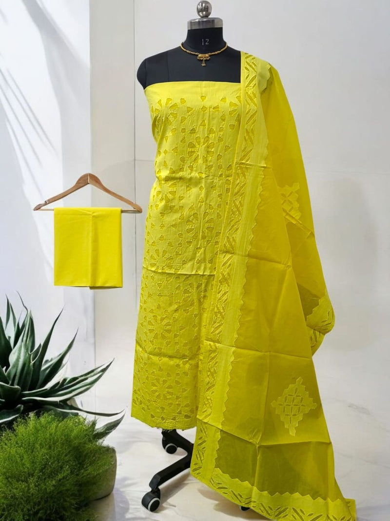 3 pc Pure Cotton Handcrafted Applique Work Unstitched Salwar Suit - Leheriya