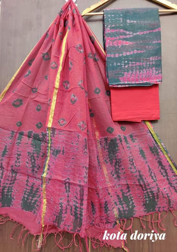 3 pc Pure Kota Doria Cotton Hand Dyed Salwar Suits - Leheriya