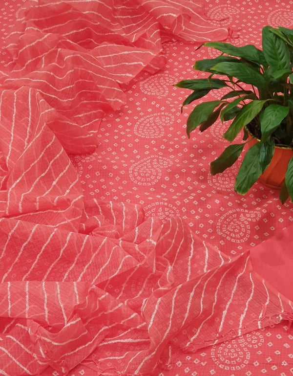 3 pc Pure Kota Doria Cotton Salwar Suit with Hand Bandhej and Leheriya Dupatta - Leheriya