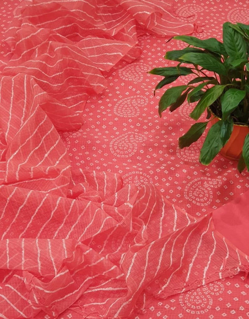 3 pc Pure Kota Doria Cotton Salwar Suit with Hand Bandhej and Leheriya Dupatta - Leheriya