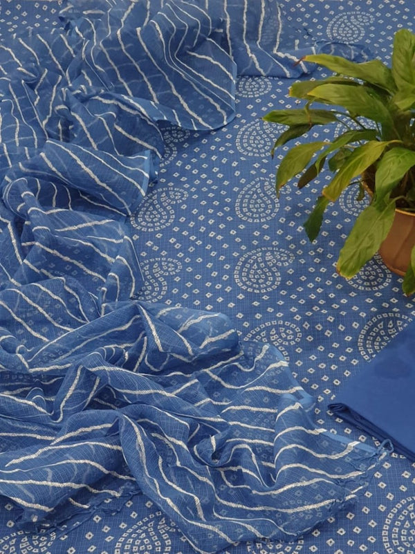 3 pc Pure Kota Doria Cotton Salwar Suit with Hand Bandhej and Leheriya Dupatta - Leheriya