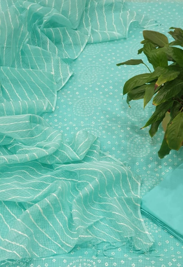 3 pc Pure Kota Doria Cotton Salwar Suit with Hand Bandhej and Leheriya Dupatta - Leheriya