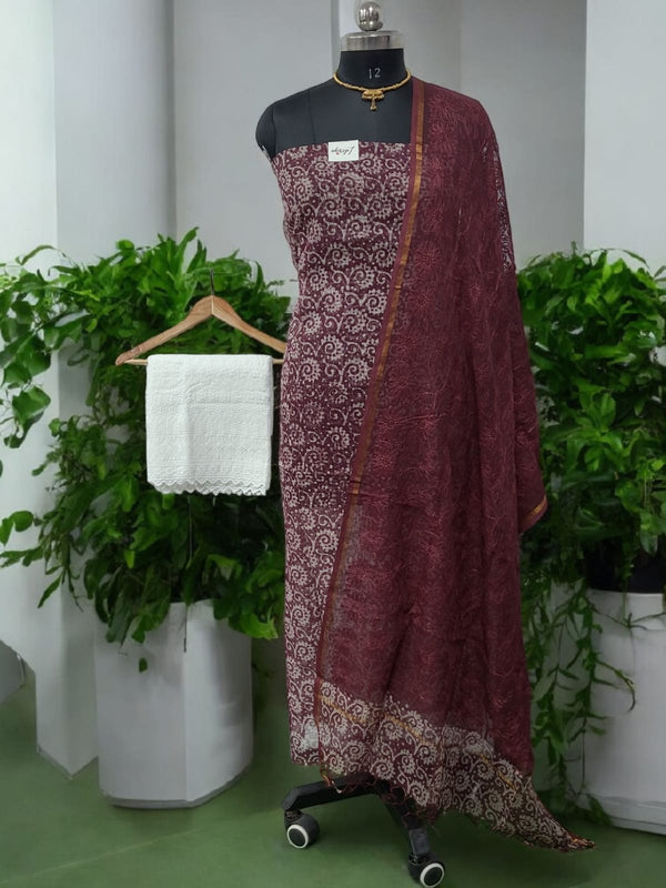 3 pc Pure Kota Doria Cotton with Embroidery & Wax Batik Unstitched Salwar Suit - Leheriya