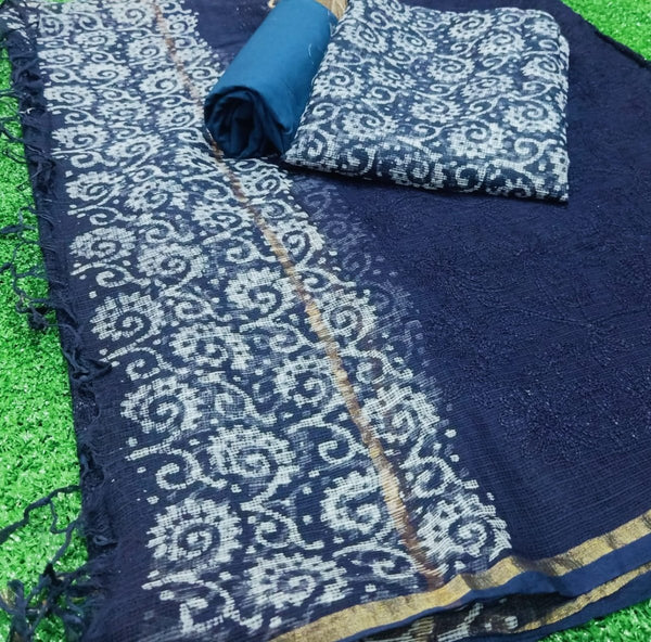 3 pc Pure Kota Doria Cotton with Embroidery & Wax Batik Unstitched Salwar Suit - Leheriya