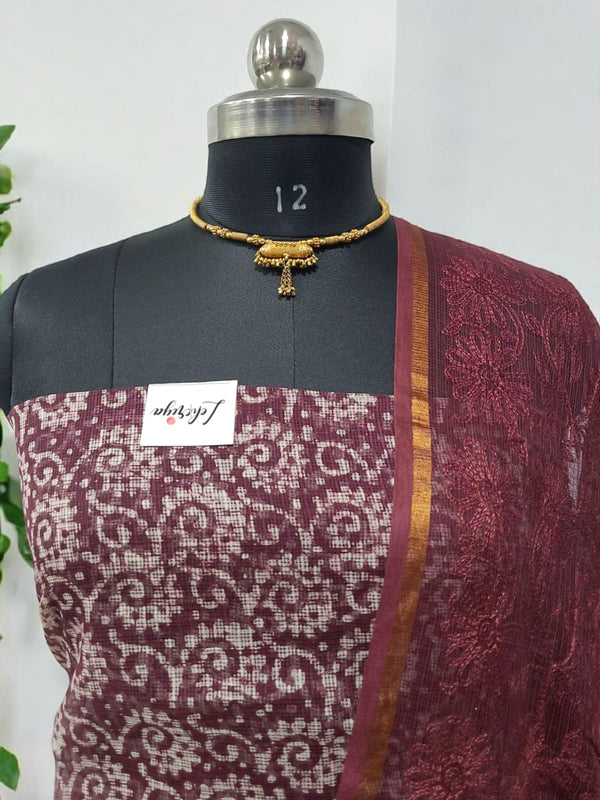 3 pc Pure Kota Doria Cotton with Embroidery & Wax Batik Unstitched Salwar Suit - Leheriya