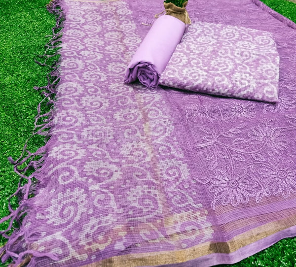 3 pc Pure Kota Doria Cotton with Embroidery & Wax Batik Unstitched Salwar Suit - Leheriya