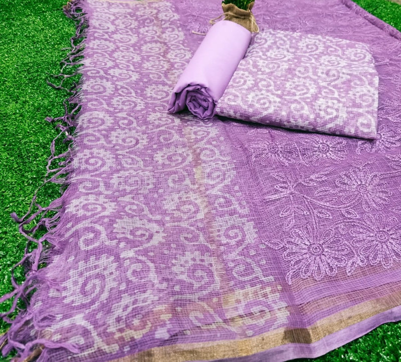 3 pc Pure Kota Doria Cotton with Embroidery & Wax Batik Unstitched Salwar Suit - Leheriya