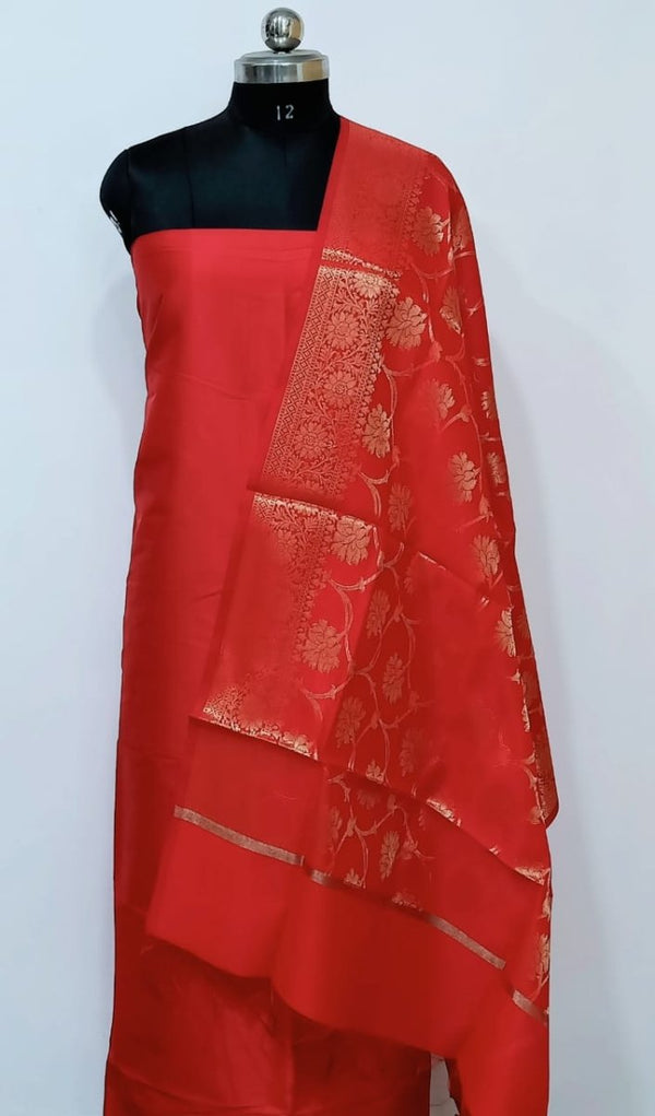 3 pc Red Banarasi Unstitched Salwar Suit - Leheriya
