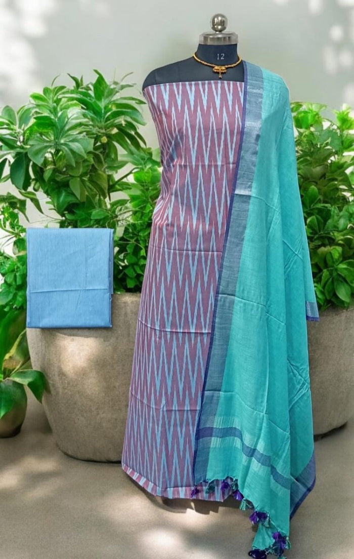 Pure Cotton Ikat 3 pc Salwar Suit with Linen Cotton Dupatta - Leheriya.com Pure Cotton Ikat 3 pc Salwar Suit with Linen Cotton Dupatta - Leheriya.com