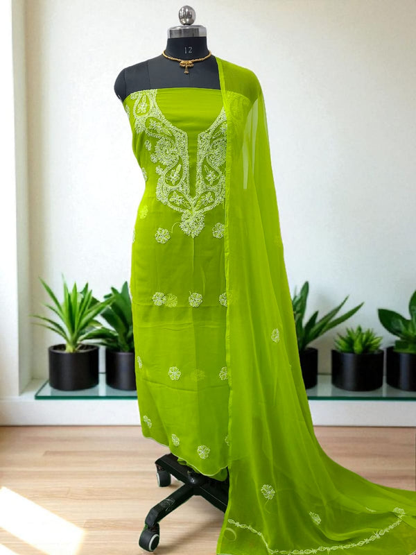 3Pc Lucknow Chikankari Hand Embroidery Chiffon Georgette Unstitched Salwar Suit with Georgette Dupatta - Leheriya