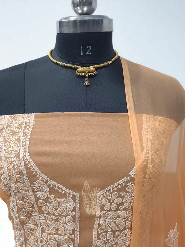 3Pc Lucknow Chikankari Hand Embroidery Chiffon Georgette Unstitched Salwar Suit with Georgette Dupatta - Leheriya