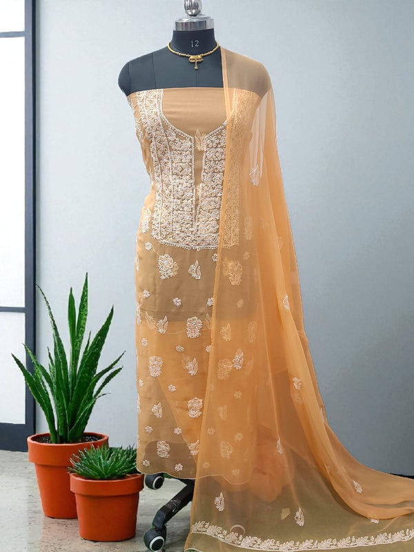 3Pc Lucknow Chikankari Hand Embroidery Chiffon Georgette Unstitched Salwar Suit with Georgette Dupatta - Leheriya