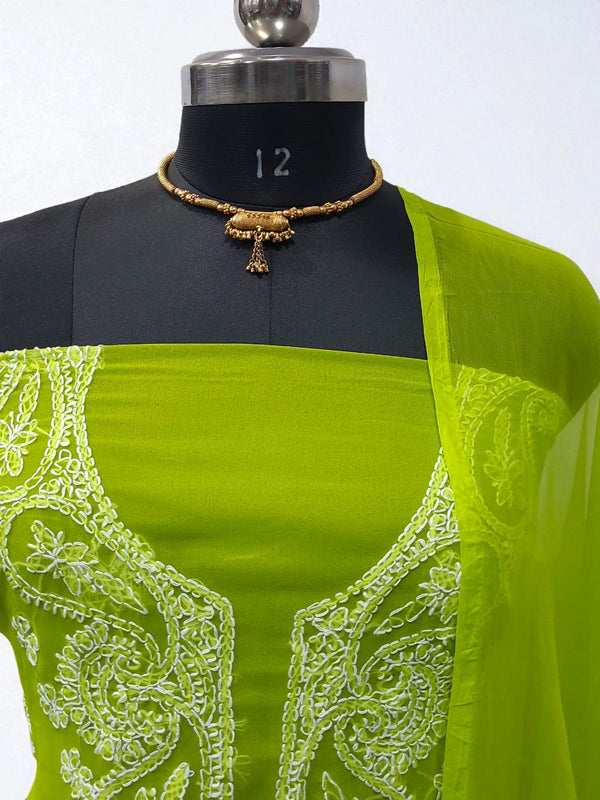 3Pc Lucknow Chikankari Hand Embroidery Chiffon Georgette Unstitched Salwar Suit with Georgette Dupatta - Leheriya