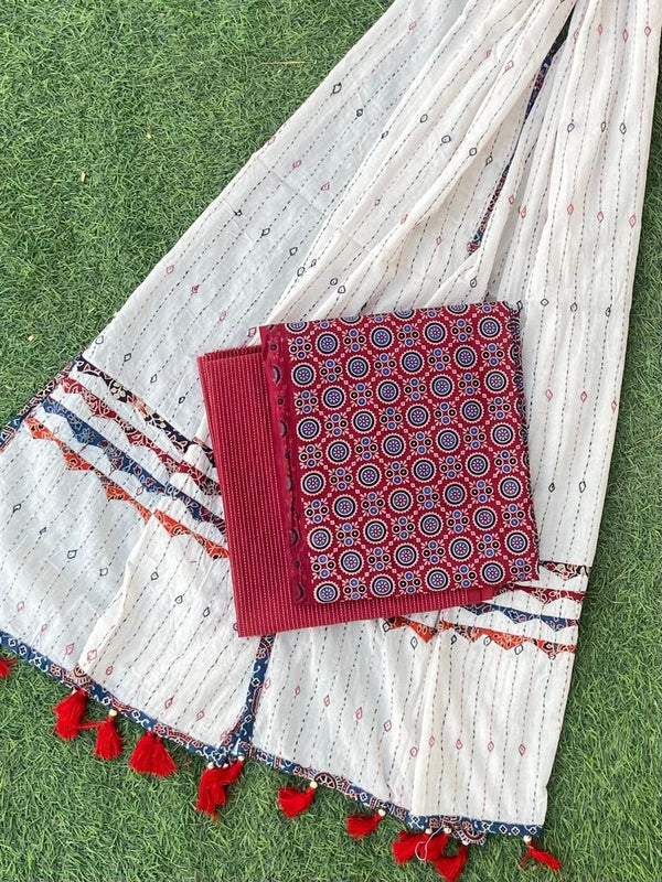 Ajrakh Print Dress Material with Patch Work Dupatta Cotton Fabric