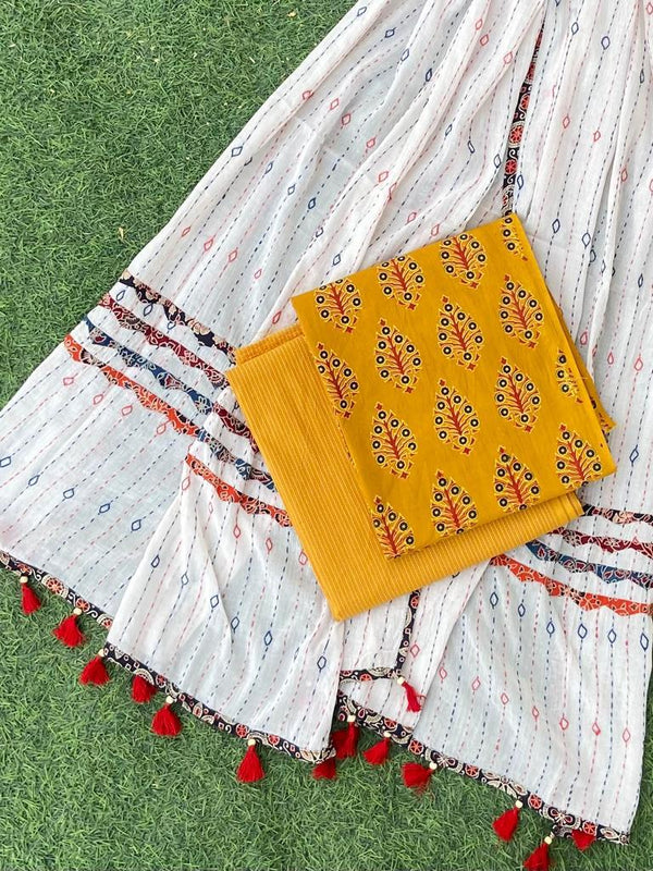 Ajrakh Print Salwar Suit with Kantha & Applique Work Dupatta Cotton Fabric