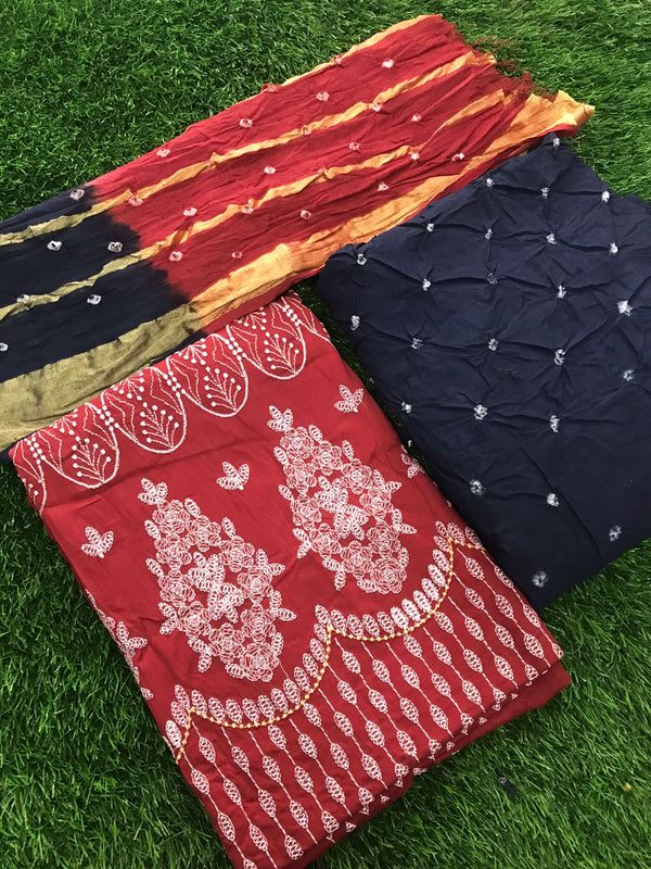 Premium Satin Cotton Embroidered Work Salwar Suit with Bandhani Dupatta and Bottom