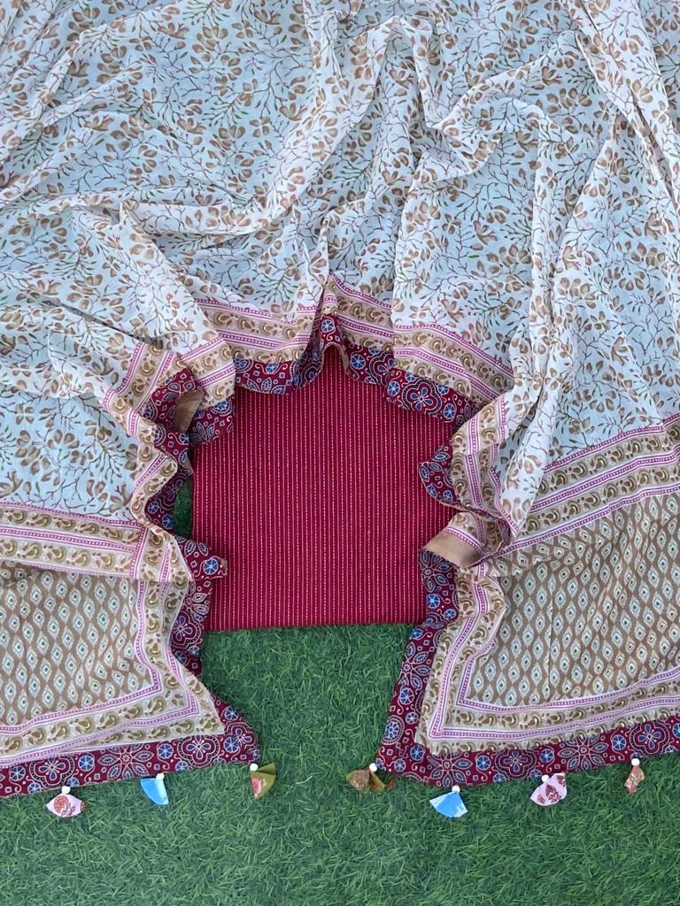 Sanganeri pure cotton dupatta patch work with ajrakh border with kantha weaved top