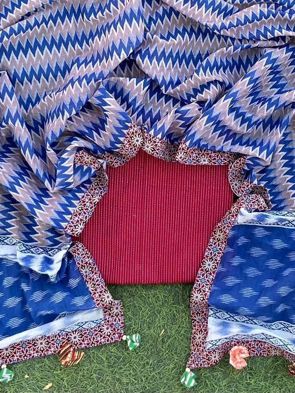 Sanganeri pure cotton dupatta patch work with ajrakh border with kantha weaved top