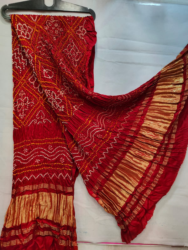Red Bavan Bagh Modal Silk Hand Made Bandhani Dupatta with Silk Tissue Pallu