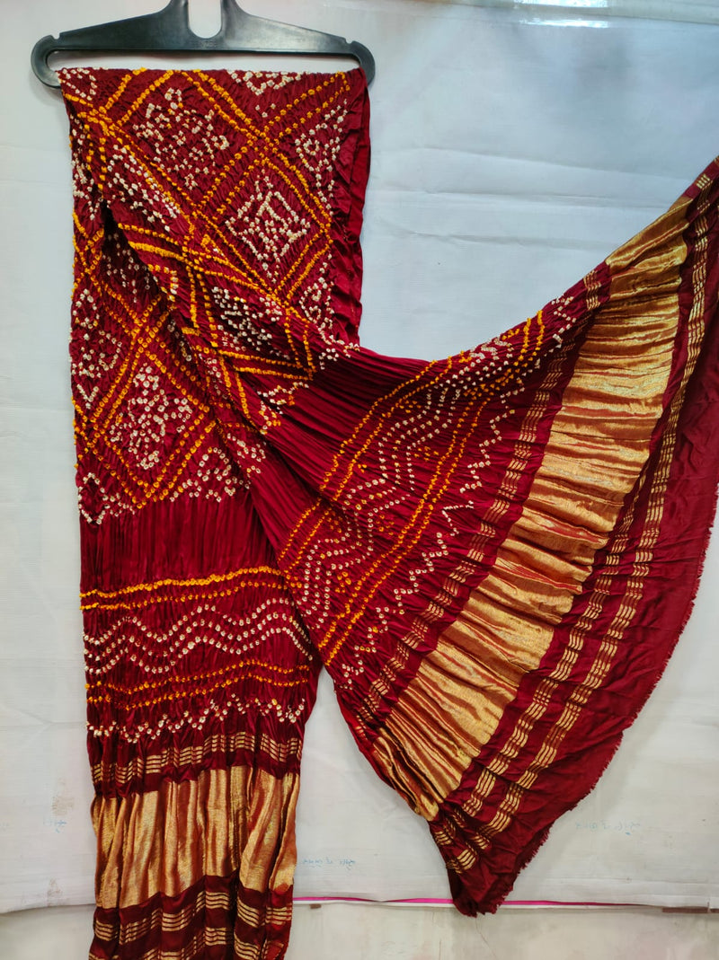 Maroon Bavan Bagh Modal Silk Hand Made Bandhani Dupatta with Silk Tissue Pallu