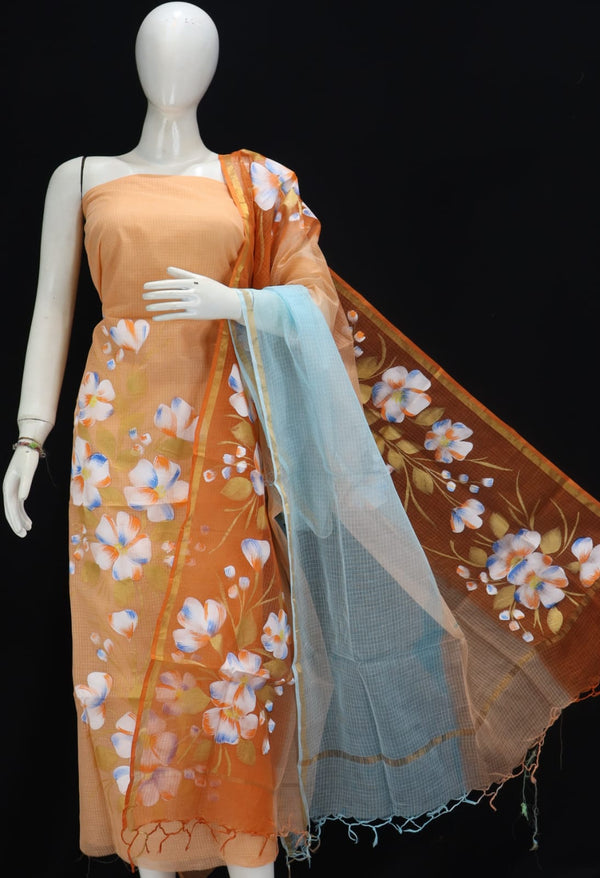 Pure Kota Doria Cotton Hand Brush Painted Salwar Suit with Contrast Dupatta