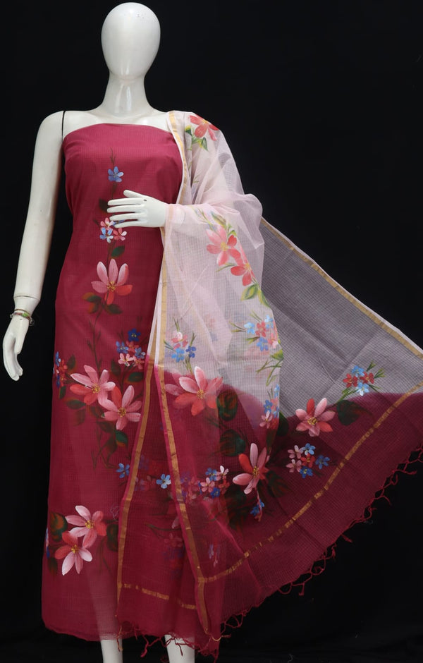 Pure Kota Doria Cotton Hand Brush Painted Salwar Suit with Contrast Dupatta