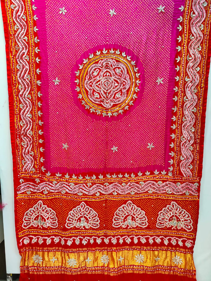 Pink Red Shaded Leheriya Exclusive Pure Gaji Silk Heavy Gota Patti Work Bandhani Dupatta