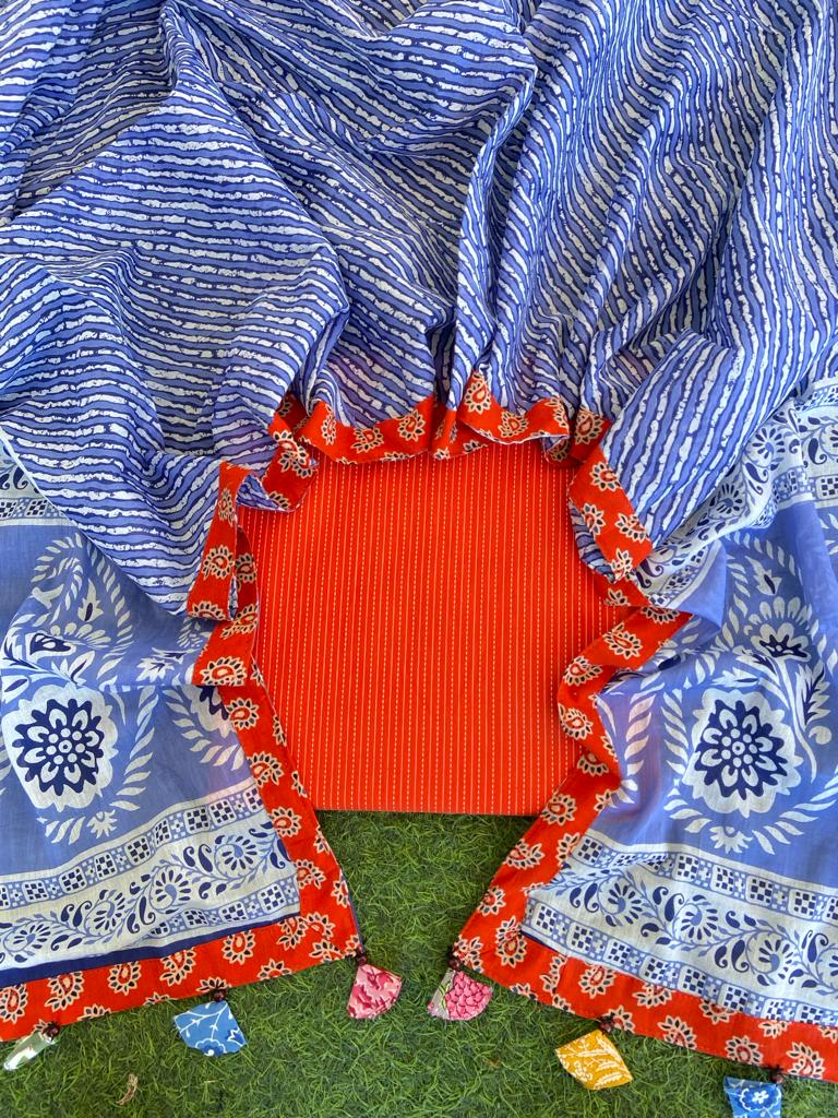 Sanganeri pure cotton dupatta patch work with ajrakh border with kantha weaved top