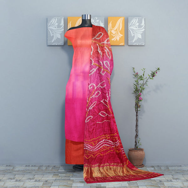 Luxurious Pure Modal Silk Shaded 3 pc Salwar Suit with Beautiful Hand Bandhej Dupatta