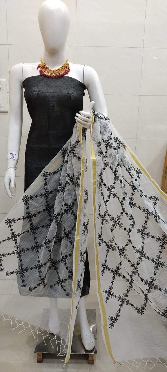 Kota Doria Salwar Suit with Heavy Embroidery Work Dupatta