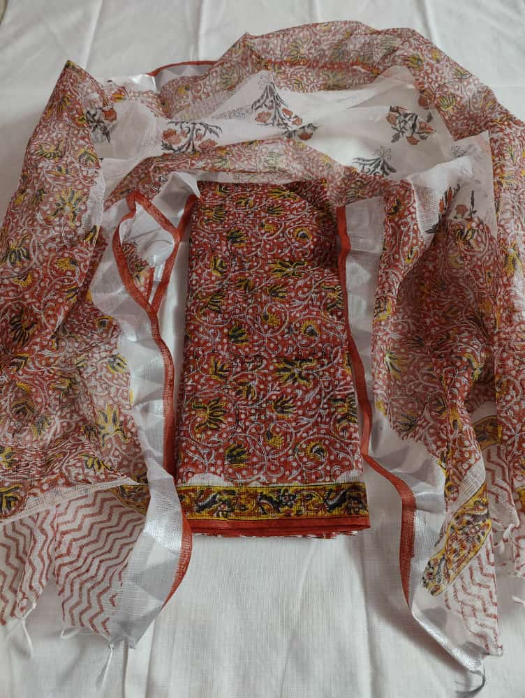 Ajrakh on Kota Doria - Kota Doria Cotton Ajrakh Unstitched Salwar Suits