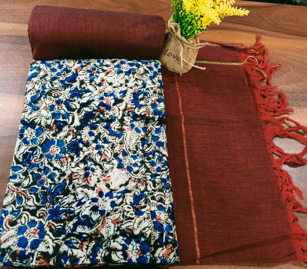 Handmade Pure Cotton Kalamkari Salwar Suits with Plain South Cotton Dupatta