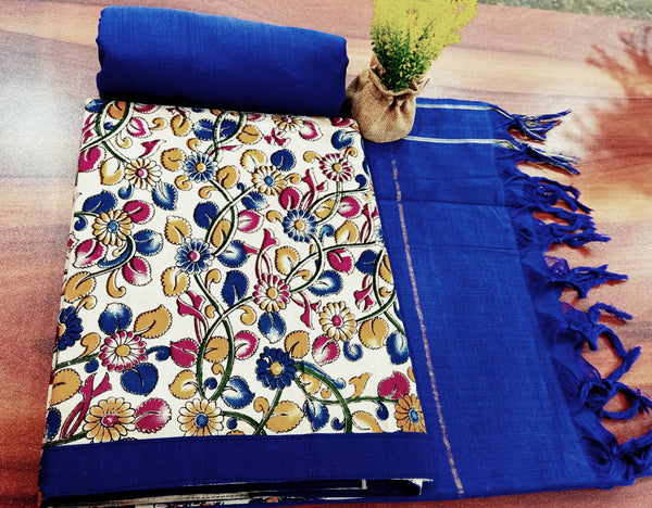Handmade Pure Cotton Kalamkari Salwar Suits with Plain South Cotton Dupatta