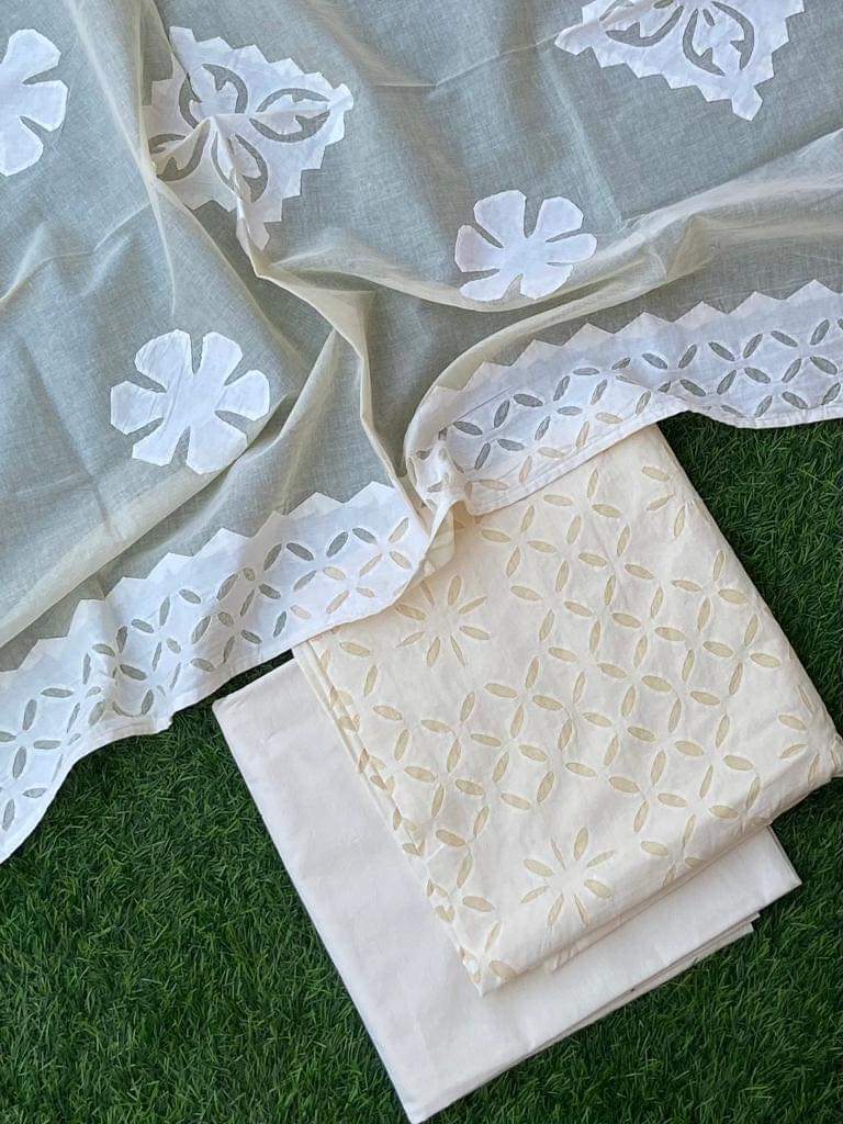 3 pc Pure Cotton Handcrafted Applique Work Unstitched Salwar Suit