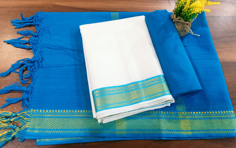 South Cotton Mangalgiri 3pc Salwar Suit  | Color White & sky blue |