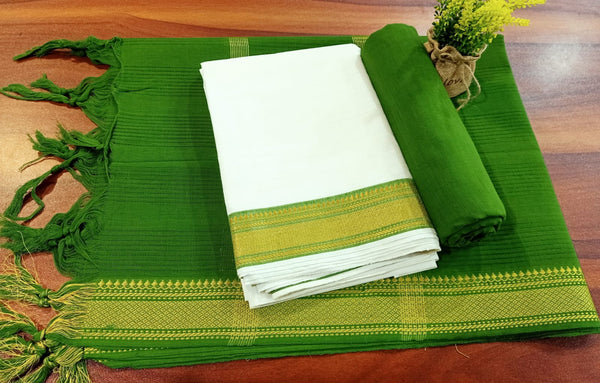 South Cotton Mangalgiri 3pc Salwar Suit  | Color White & green |