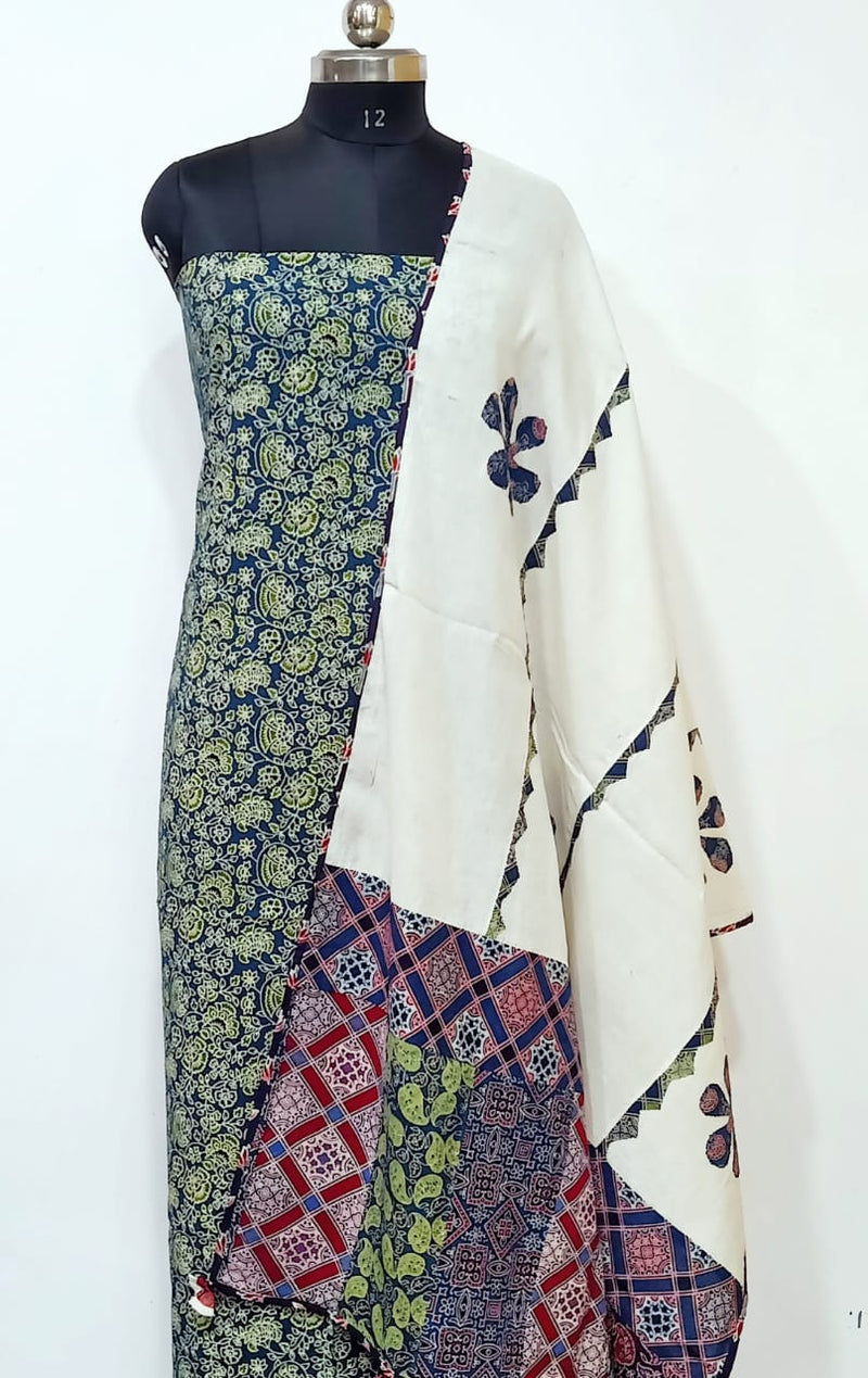 Ajrakh Print Salwar Suit with Kantha & Applique Work Dupatta Cotton Fabric