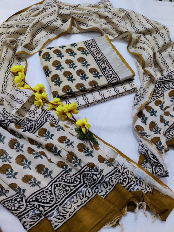 Bagru Hand Block Printed Linen Suits With Silver Border