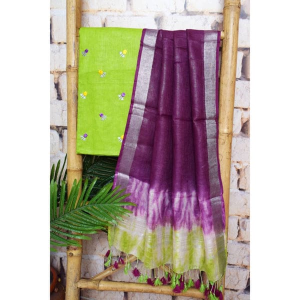 Linen Cotton Salwar Suit with Top Embroidery Work and Shibori Dupatta
