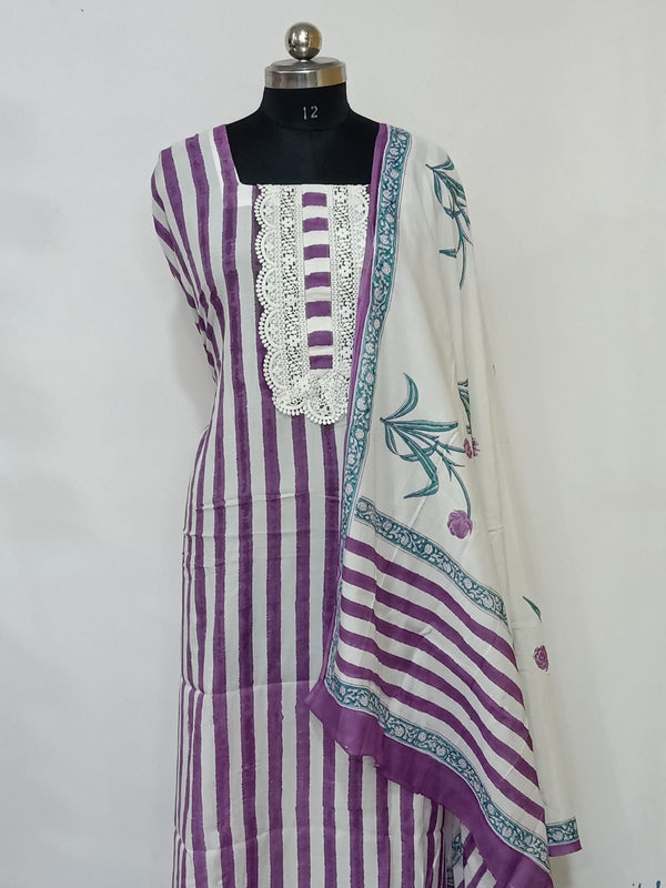 Modal Muslin Silk Hand Block Printed 3 pc Salwar Suit